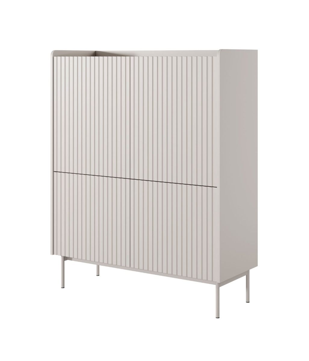 Commode haute avec grand espace de rangement Skhira 01, Couleur : Beige / Chêne Scandi, ABS protection des chants, huit compartiments, quatre portes, Dimensions : 126 x 103 x 38 cm, Push-to-open