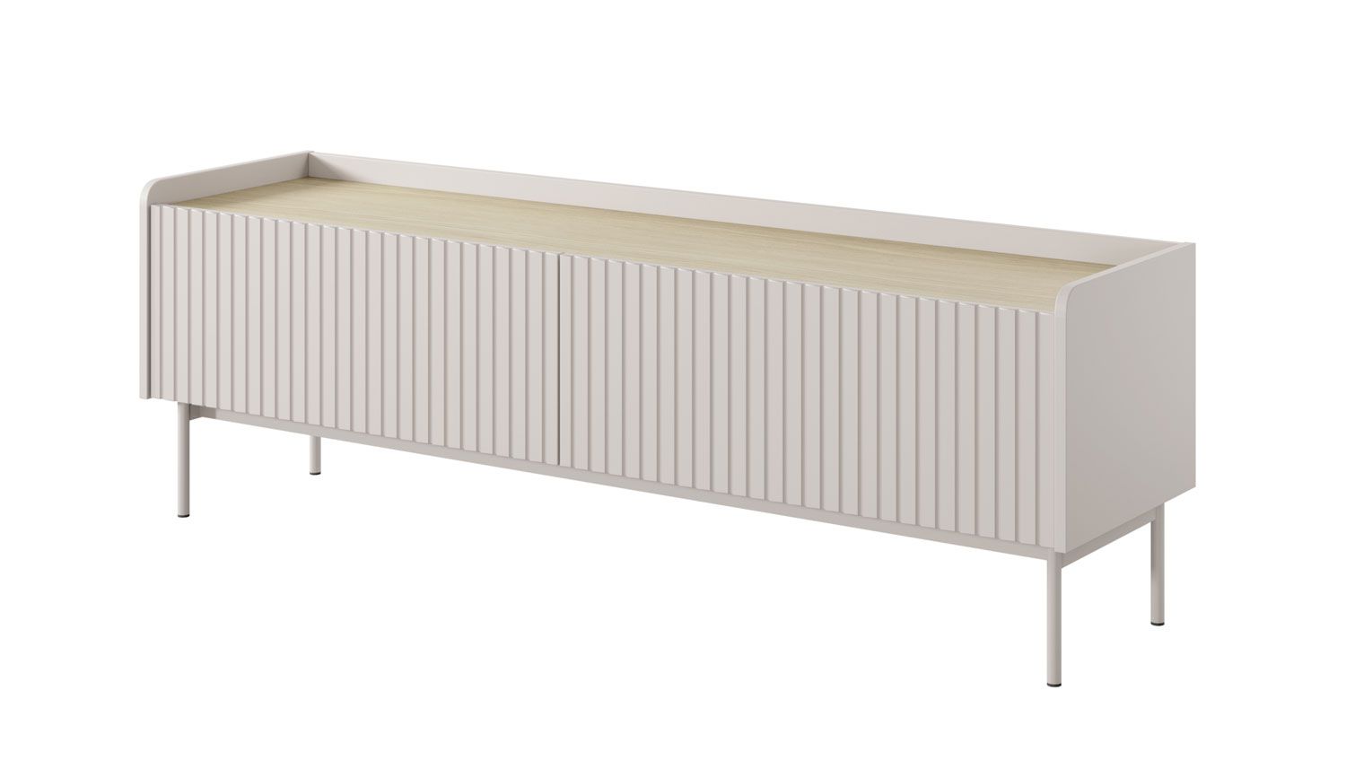 Meuble TV / Meuble bas TV avec push-to-open Skhira 04, Couleur : Beige / Chêne Scandi, deux portes, Dimensions : 50 x 153 x 38 cm, deux compartiments, protection des chants ABS