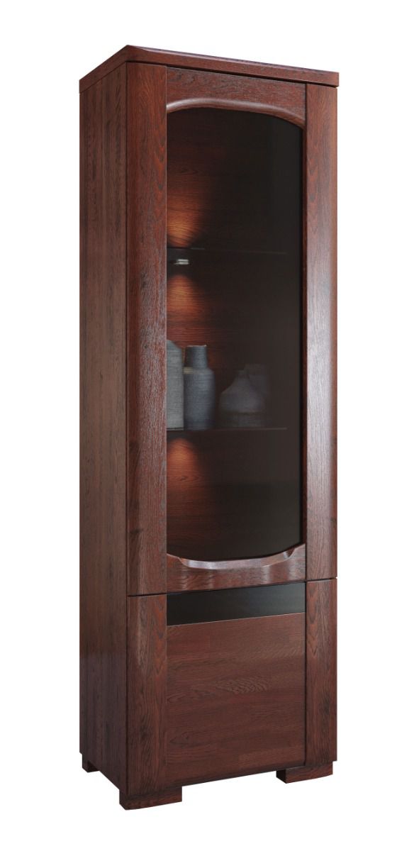 Vitrine étroite avec éclairage LED Krasno 02, Chêne massif, charnières à gauche, cinq casiers, Dimensions : 193 x 61 x 45 cm, avec fonction push-to-open