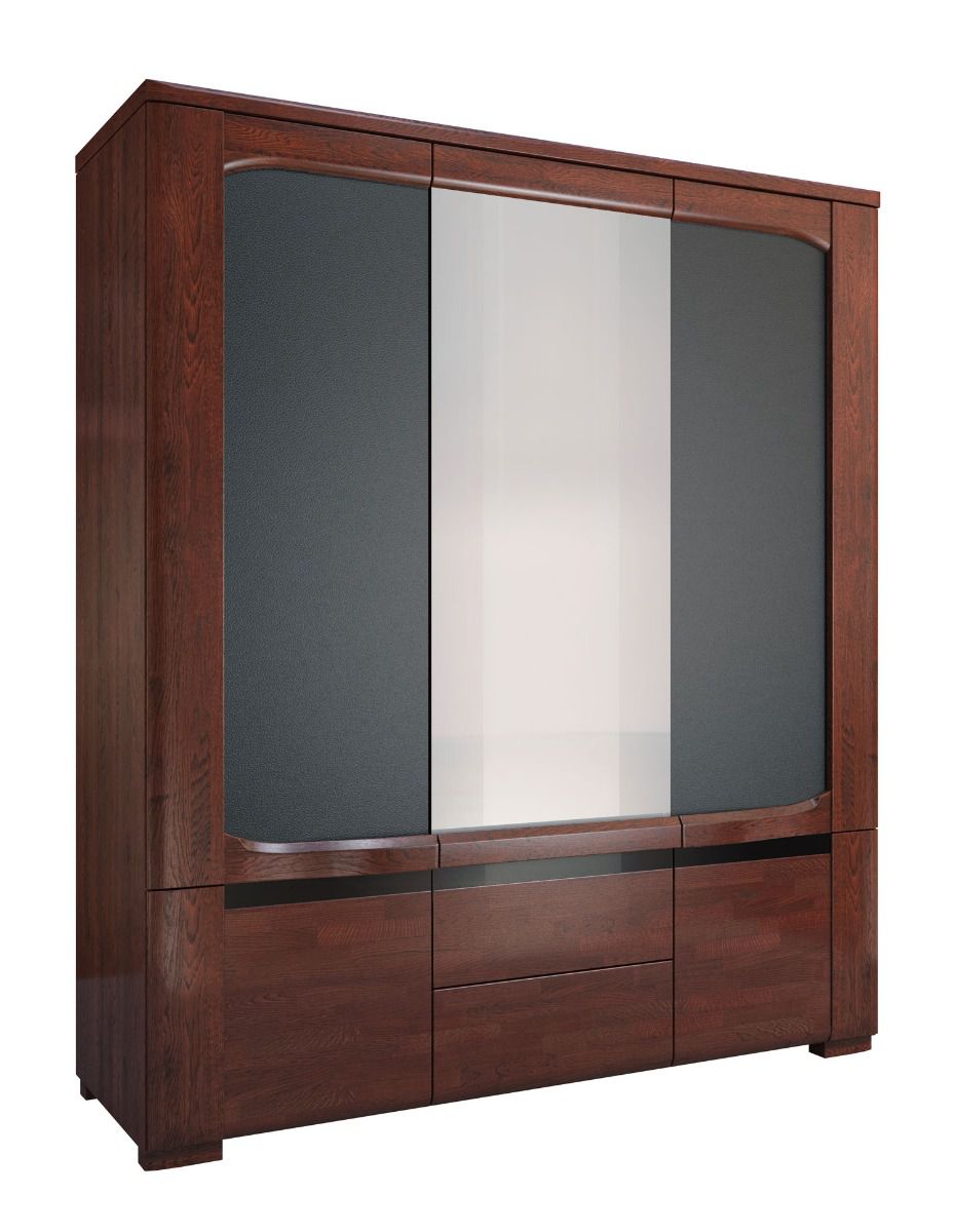 Armoire à trois portes battantes Krasno 30, Chêne massif, deux tiroirs, fonction push-to-open, une porte miroir, Dimensions : 210 x 180 x 62 cm, verre Lacobel