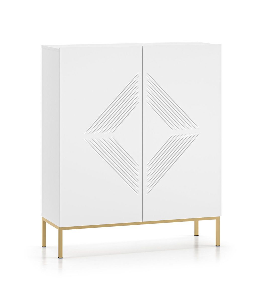 Commode à trois compartiments Taos 04, avec motif moderne, Couleur : Blanc mat, Pieds : métal, Dimensions : 120 x 100 x 37 cm, pour le salon, avec deux portes