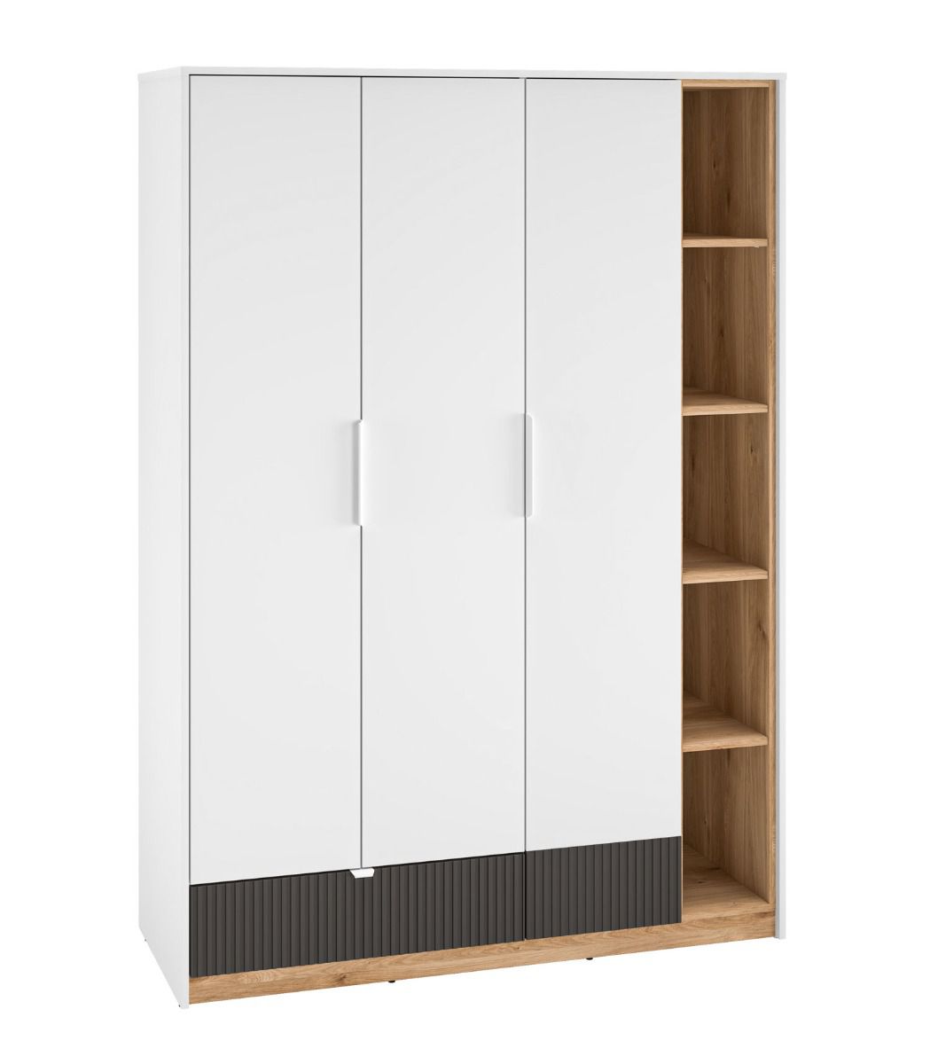 Armoire trois portes Mackinac 01, Couleur : Blanc / Chêne / Graphite mat, Système de fermeture Soft-Close, Protection des chants ABS, Dimensions : 196 x 138 x 53 cm, avec un tiroir et 11 compartiments