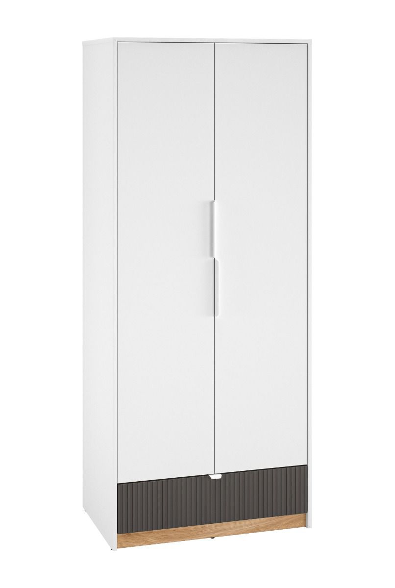 Armoire moderne avec système Soft-Close Mackinac 02, Couleur : Blanc / Chêne / Graphite mat, Protection des chants ABS, Dimensions : 196 x 82 x 53 cm, avec deux portes, un tiroir et un compartiment