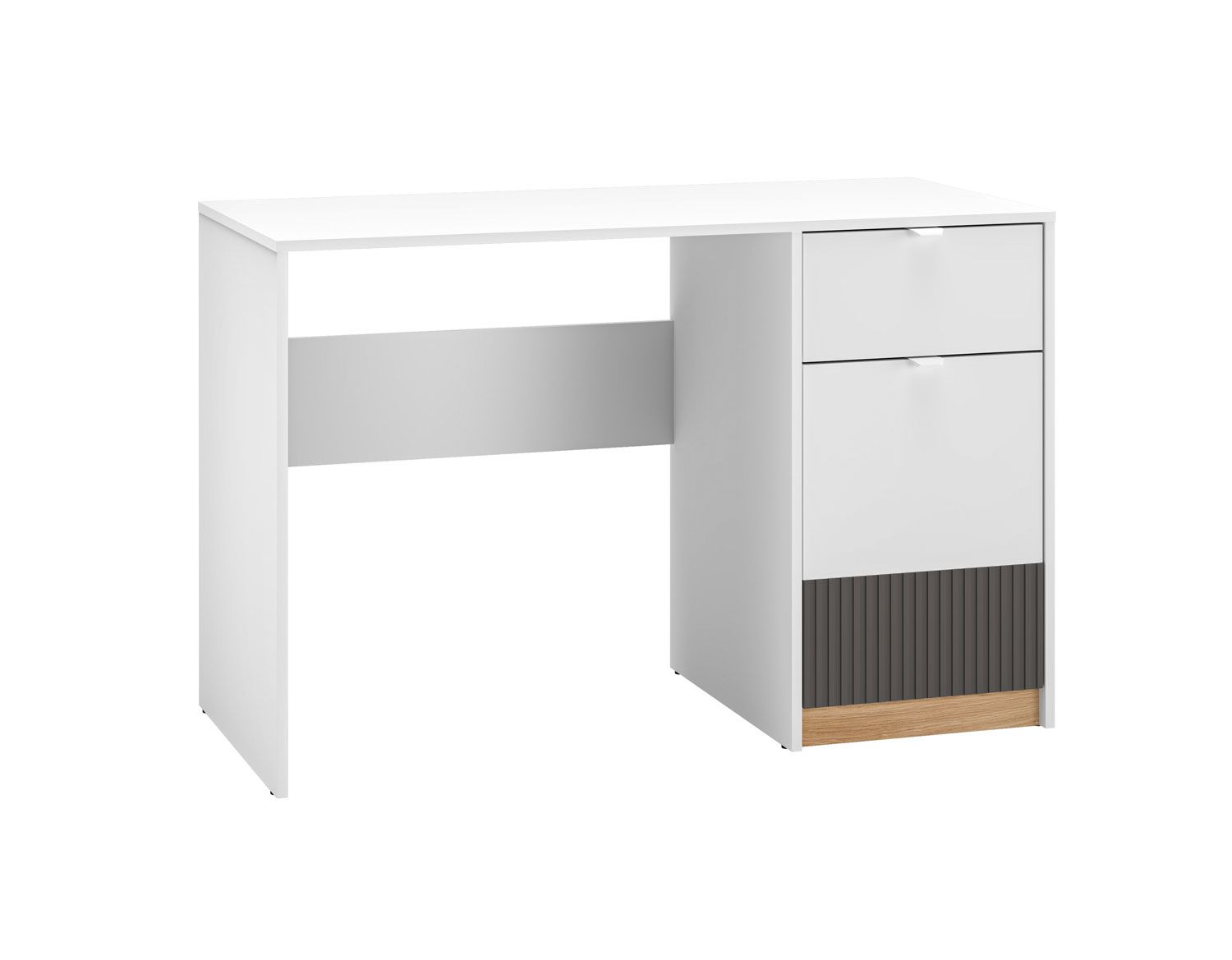 Bureau moderne avec espace de rangement Mackinac 08, Système Soft-Close, Protection des chants ABS, Couleur : Blanc / Chêne / Graphite mat, dimensions : 76 x 120 x 55 cm, avec un tiroir et deux compartiments