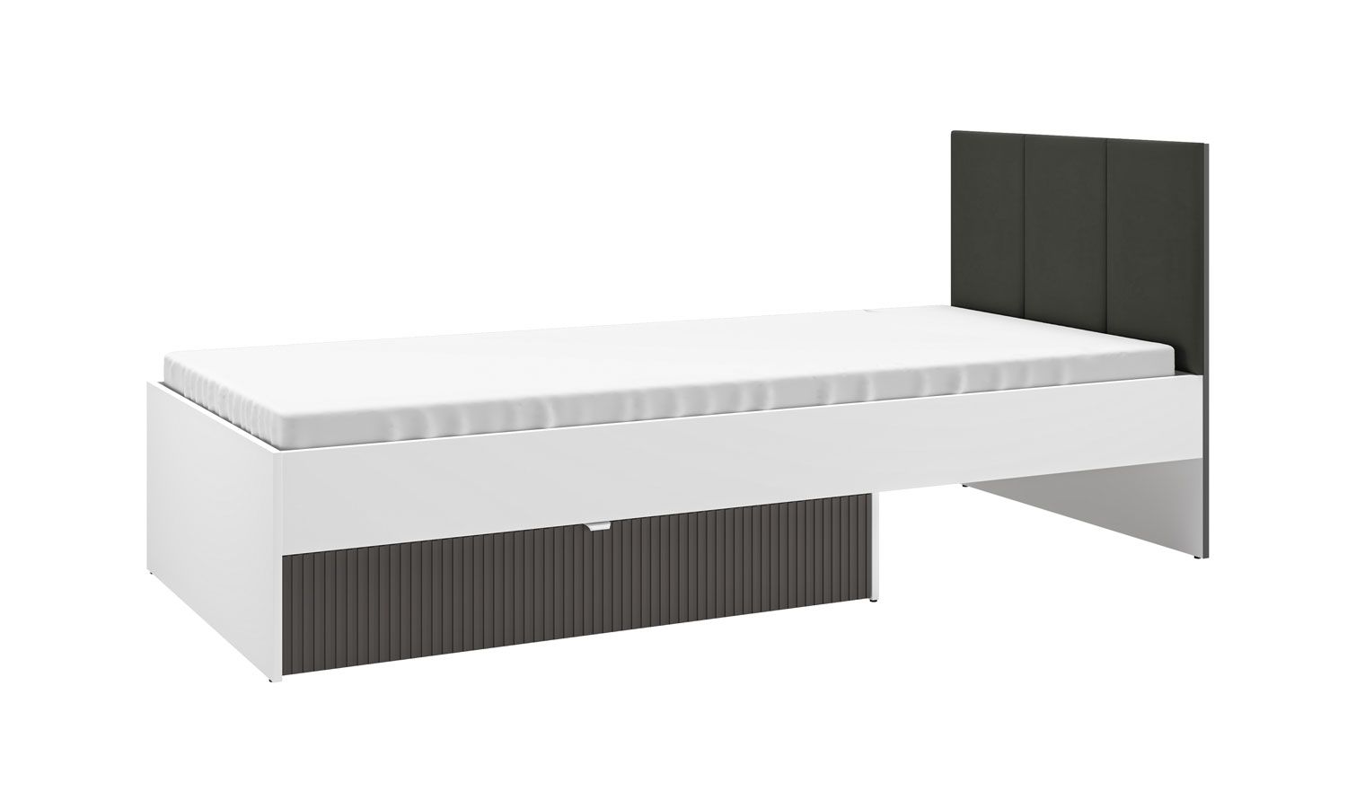 Lit simple / Lit d'appoint avec un tiroir de lit Mackinac 11, Protection des bords ABS, Couleur : Blanc / Chêne / Graphite mat, Surface de couchage : 90 x 200 cm, sommier à lattes inclus, pratique et moderne