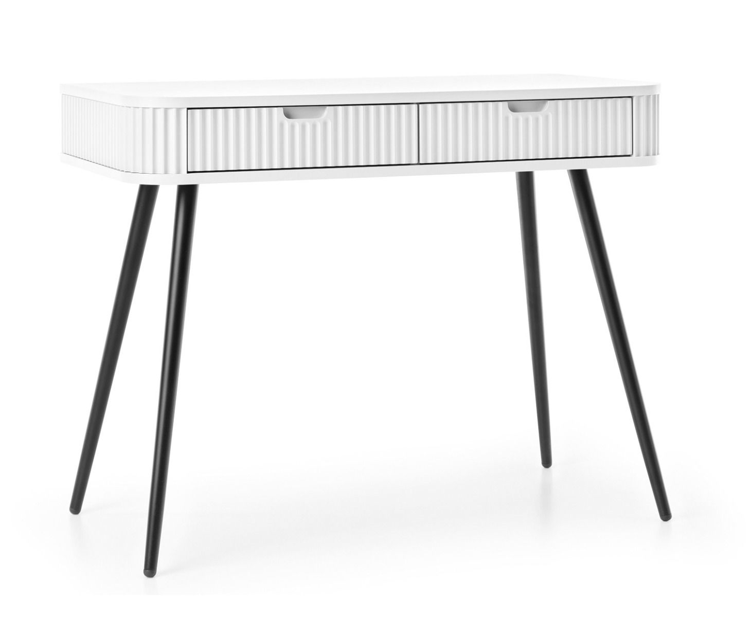 Coiffeuse Makreb 19 blanche avec 2 tiroirs, 80 x 103 x 49 cm, pieds en métal noir, table console, chambre à coucher, dressing-room, Soft Close