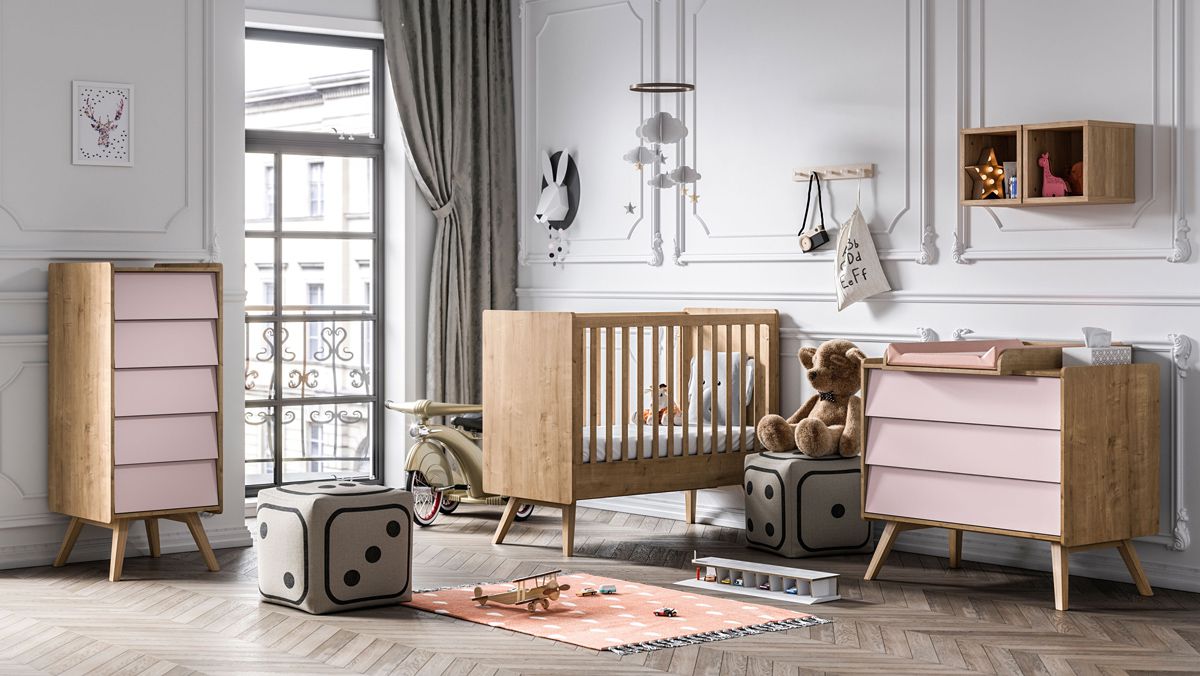 Chambre d'enfant rose - Ensemble I Aleksander, 4 pièces, Couleur : Rose / Chêne, fonction push-to-open, un lit à barreaux, une commode avec plan à langer, une commode étroite