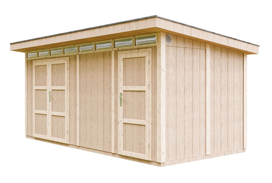 Abri de jardin Waldenstein avec 1 porte double et 1 porte simple, sol et bardeaux inclus, surface au sol : 11,5 m², petites fenêtres, 236 x 486 cm