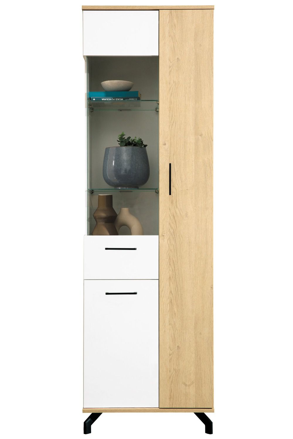 Vitrine Riemst 04, Couleur : Chêne / Blanc - Dimensions : 194 x 60 x 40 cm (H x L x P)