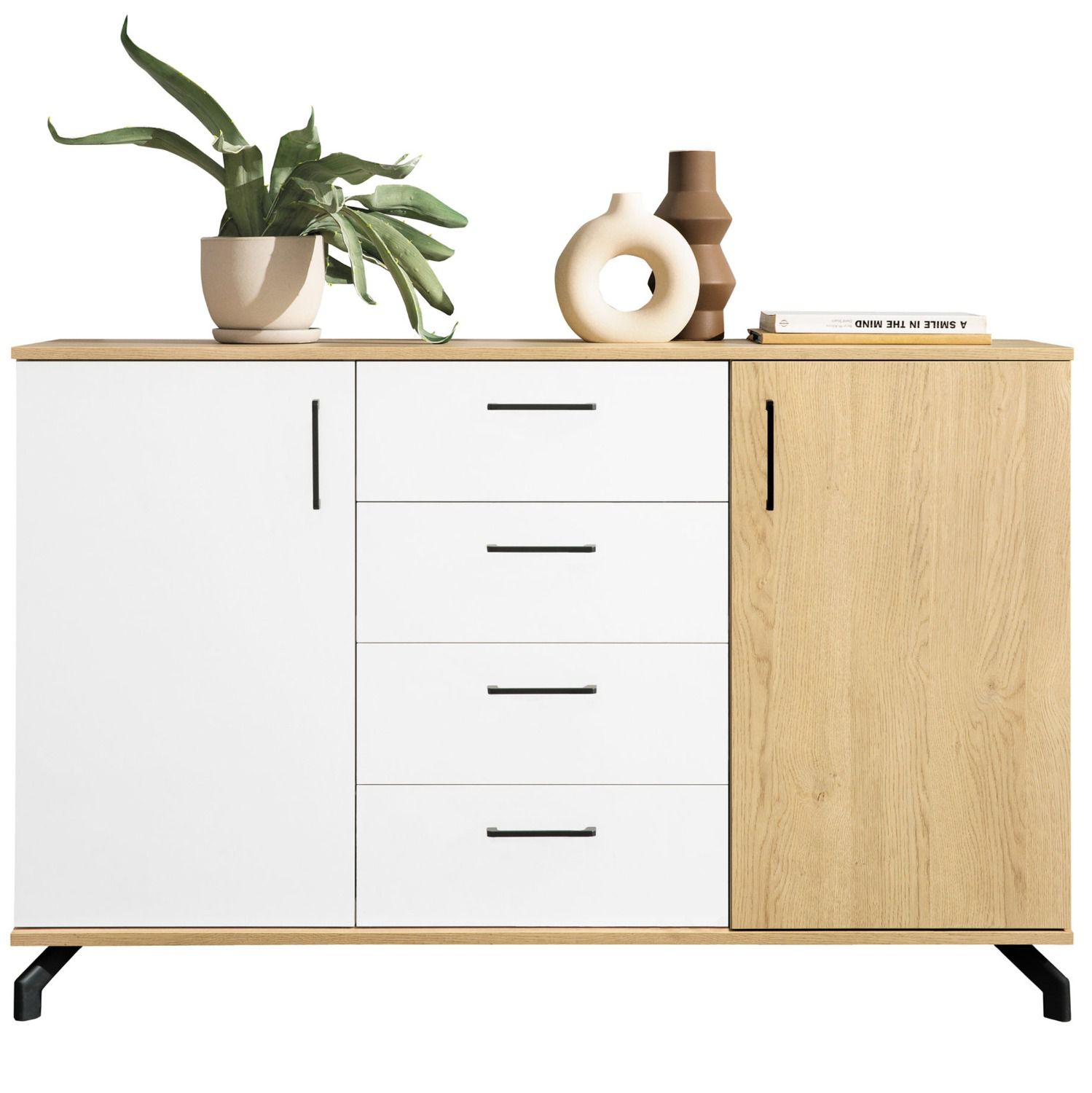 Commode Riemst 09, Couleur : Chêne / Blanc - Dimensions : 89 x 140 x 40 cm (H x L x P)