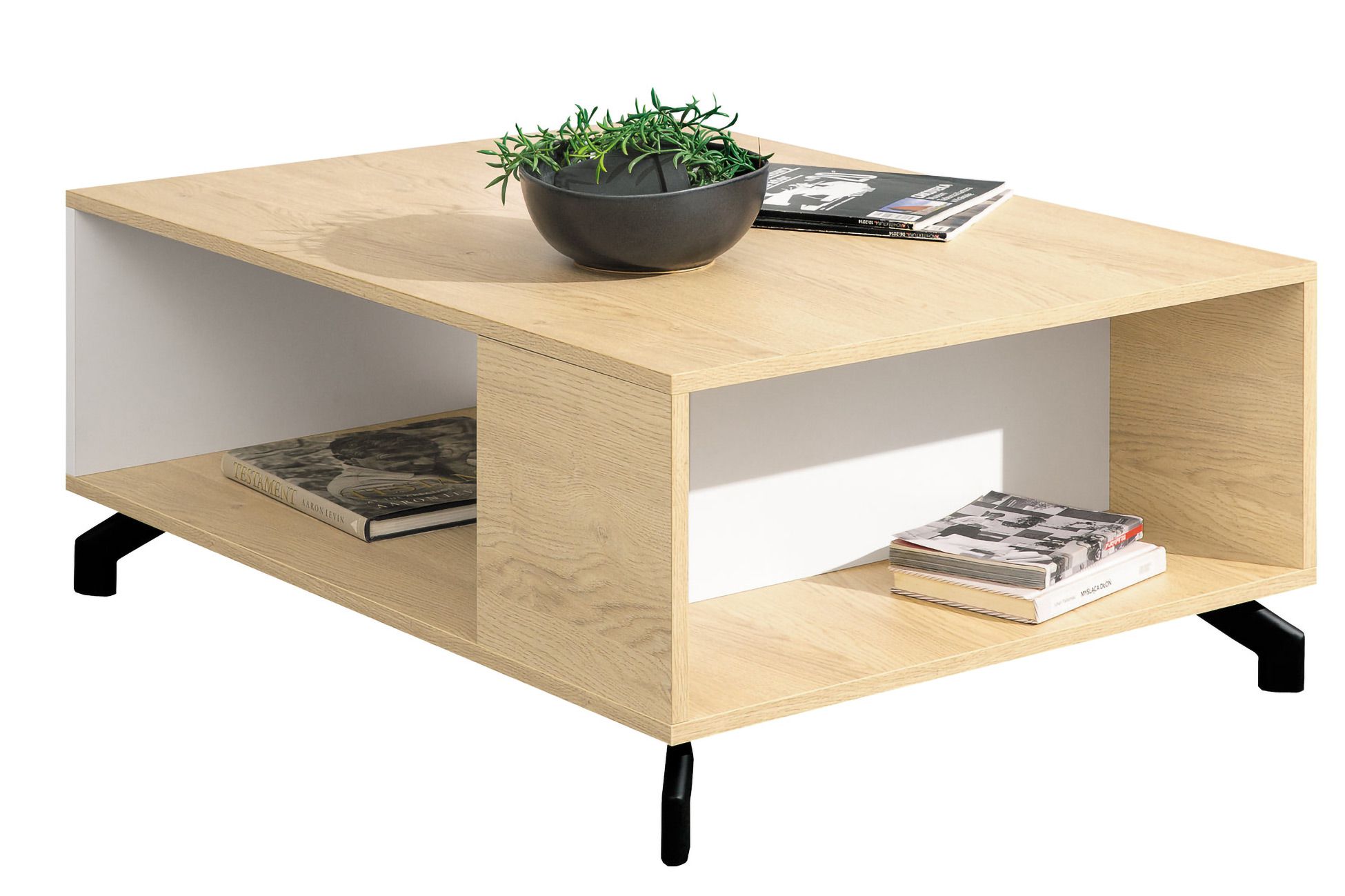 Table basse Riemst 14, Couleur : Chêne / Blanc - Dimensions : 90 x 70 x 39 cm (l x p x h)