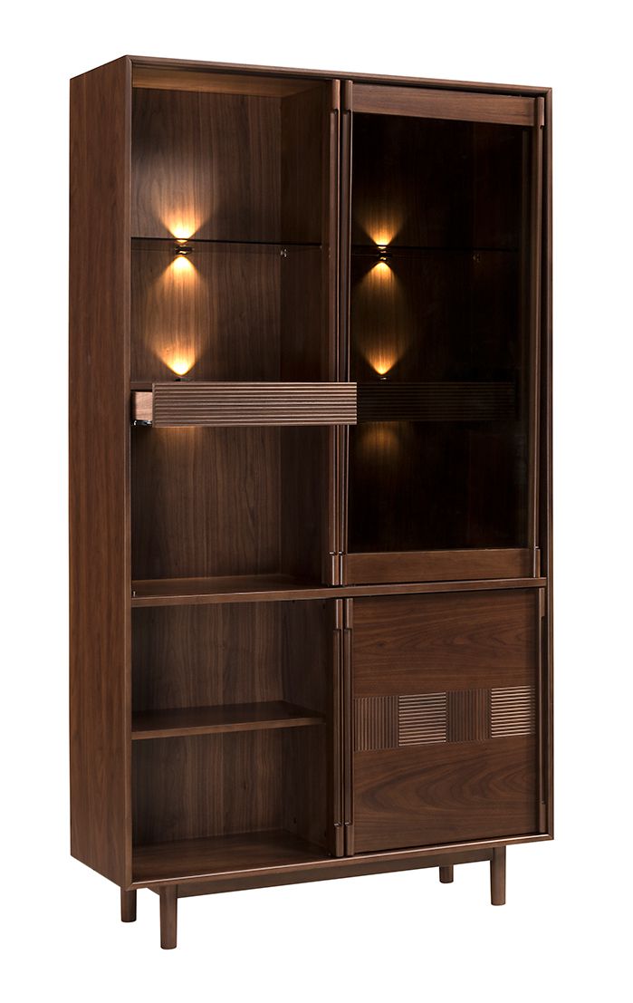 Vitrine Inginele 05 avec beaucoup de place, éclairage LED inclus, 204 x 109 x 43 cm, 2 tiroirs, 6 étagères, 4 portes, verre trempé Antisol brun