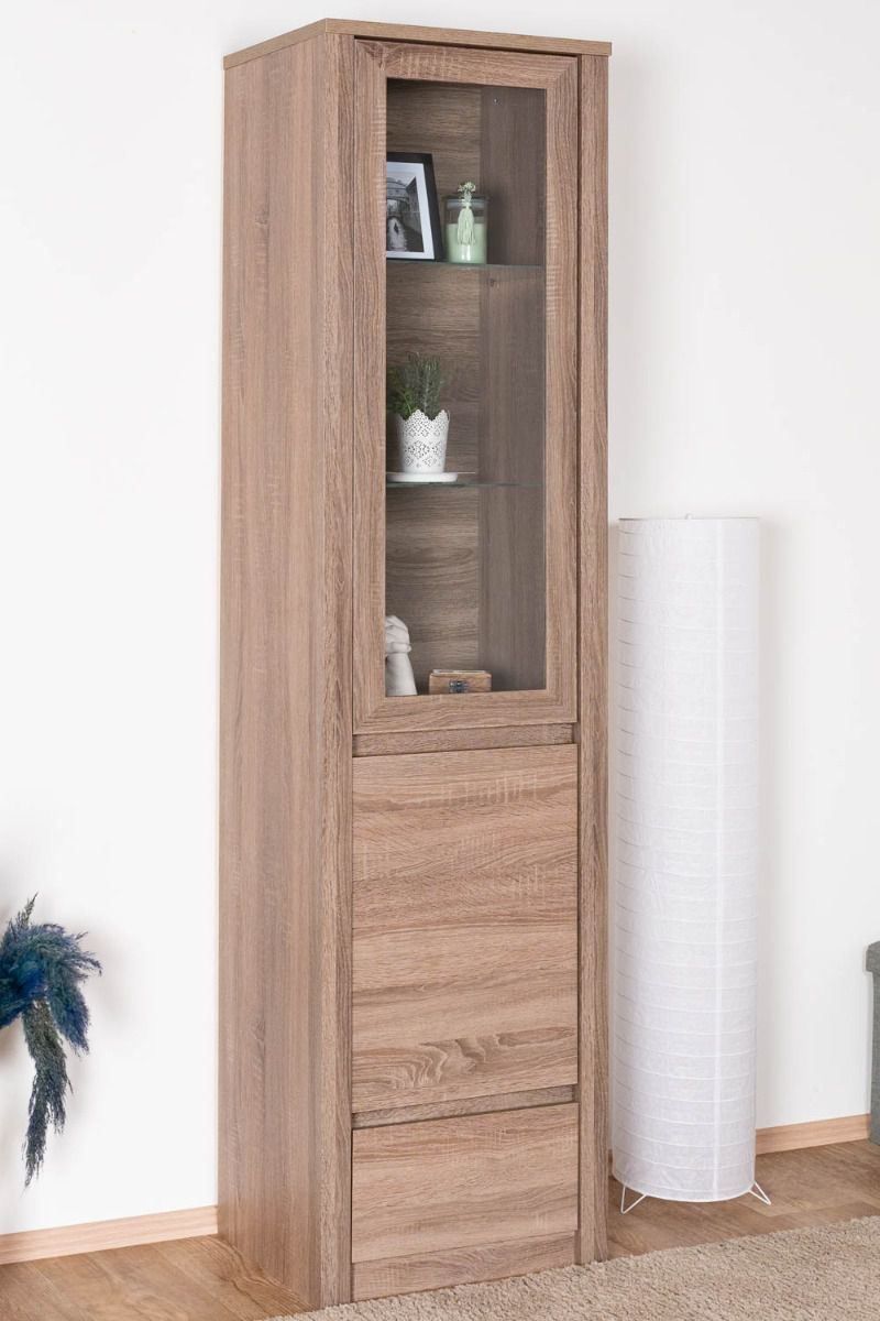 Vitrine Selun 10, Couleur : Chêne truffé - 197 x 50 x 43 cm (h x l x p)