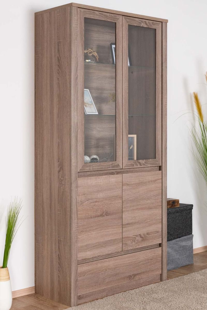 Vitrine Selun 09, Couleur : Chêne truffé - 197 x 90 x 43 cm (h x l x p)