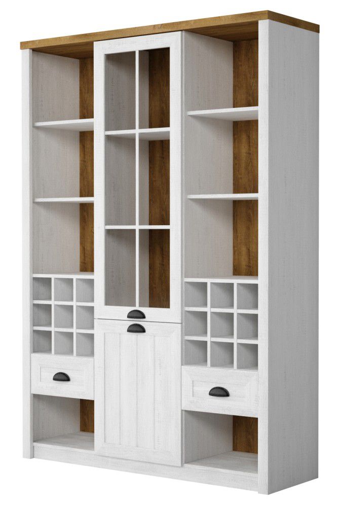 Vitrine Segnas 18, Couleur : Pin blanc / Chêne brun - 198 x 140 x 43 cm (H x L x P)