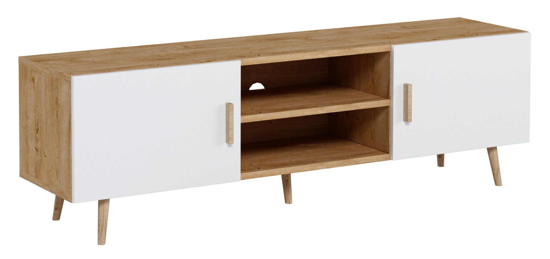 Meuble bas TV Hohgant 06, Couleur : Chêne / Blanc - 55 x 180 x 42 cm (H x L x P)