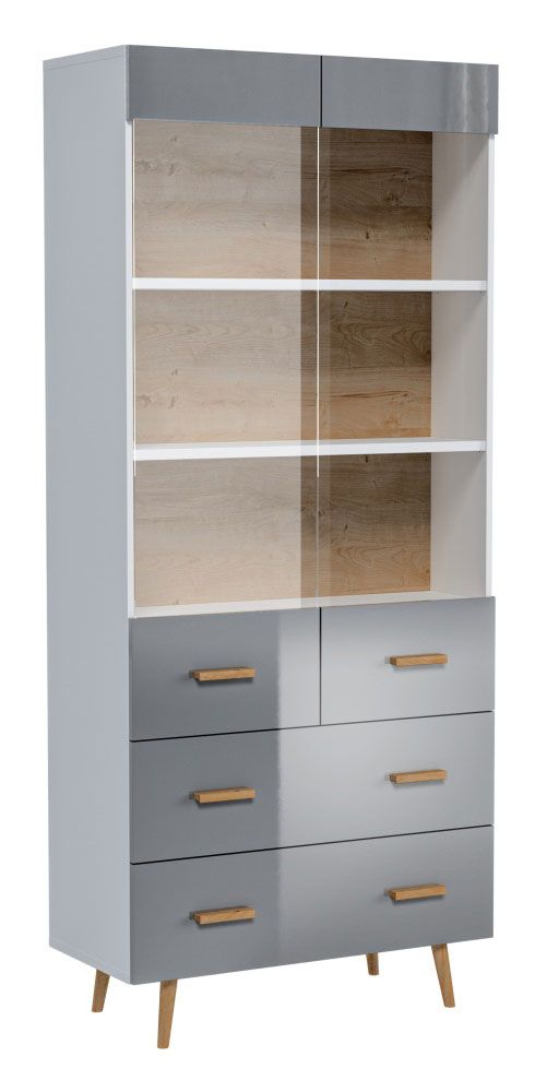 Vitrine Hohgant 11, Couleur : Blanc / Gris Brillant - 209 x 90 x 42 cm (H x L x P)