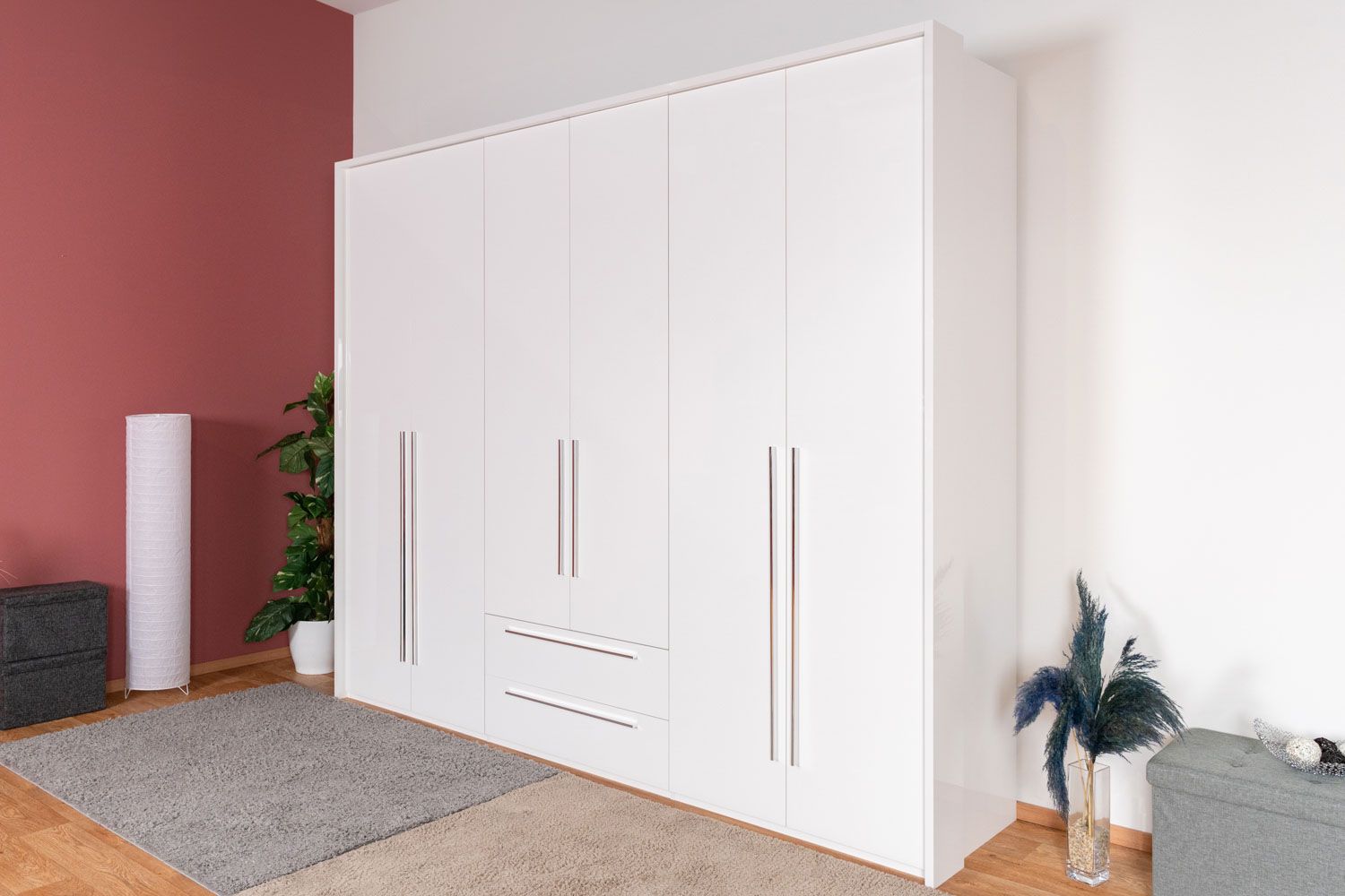 Armoire à portes battantes / Penderie avec cadre Siumu 33, Couleur : Blanc / Blanc brillant - 226 x 277 x 60 cm (h x l x p)