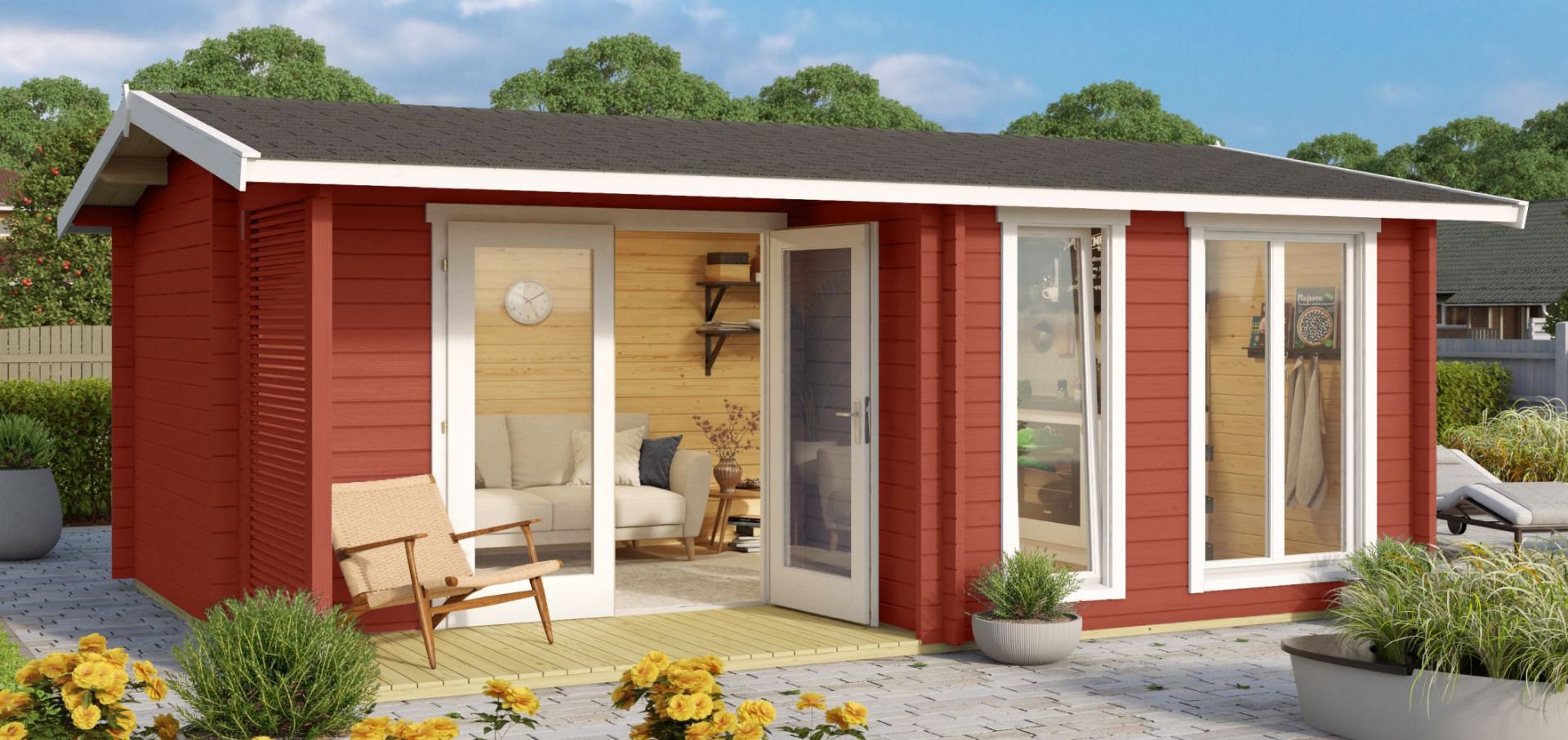 Abri de jardin G169 Rouge suédois avec plancher et terrasse - 44 mm Maison en madriers, surface au sol : 19,20 m², Toit à deux versants