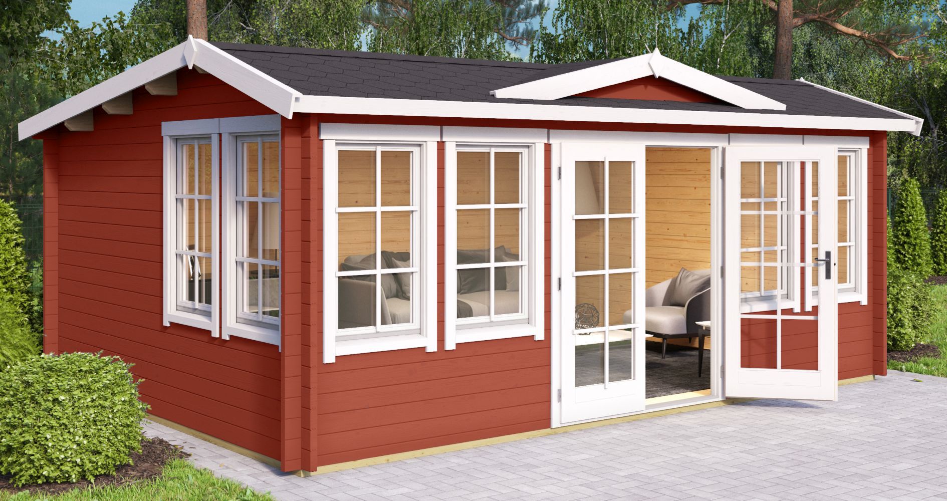 Abri de jardin G286 Rouge suédois avec plancher - 44 mm Maison en madriers, surface au sol : 20,14 m², Toit à deux versants