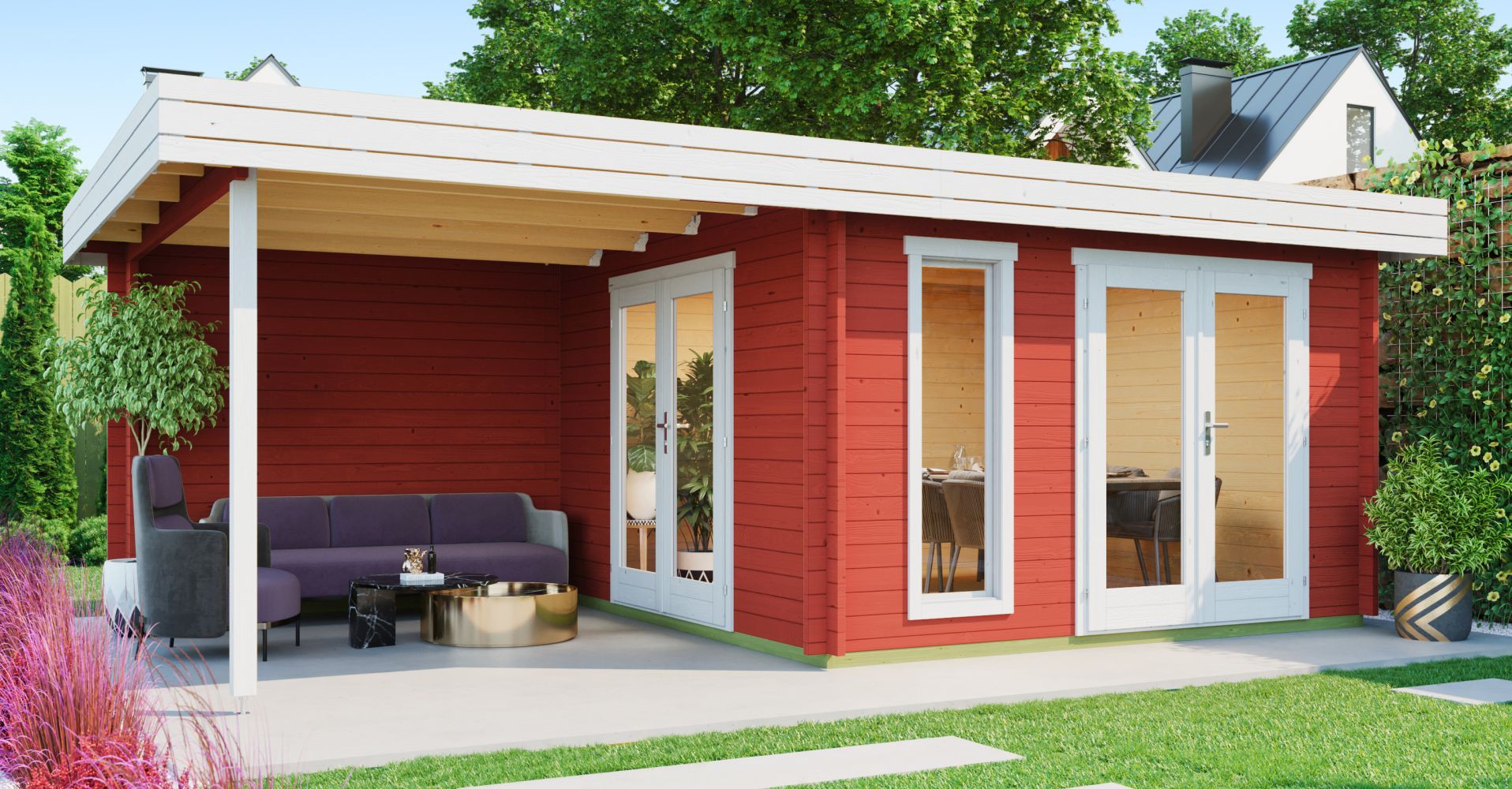 Abri de jardin G285 Rouge suédois avec plancher - 44 mm Maison en madriers, surface au sol : 22,75 m², Toit plat