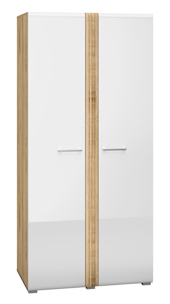 Armoire avec beaucoup d'espace de rangement Tullahoma 01, Couleur : Chêne / Blanc brillant - dimensions : 196 x 92 x 60 cm (h x l x p), avec 2 portes et 5 compartiments