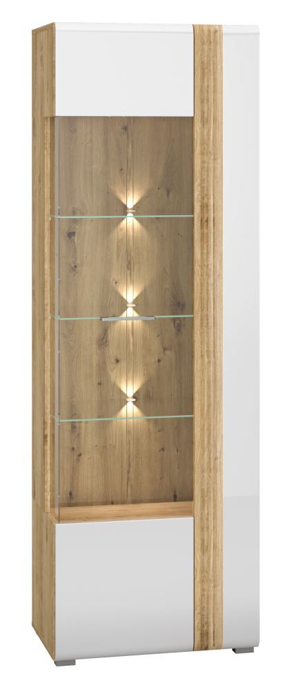 Vitrine Tullahoma 02, porte vitrée à gauche, Couleur : Chêne / Blanc brillant - dimensions : 196 x 65 x 42 cm (h x l x p), avec 1 porte et 6 compartiments