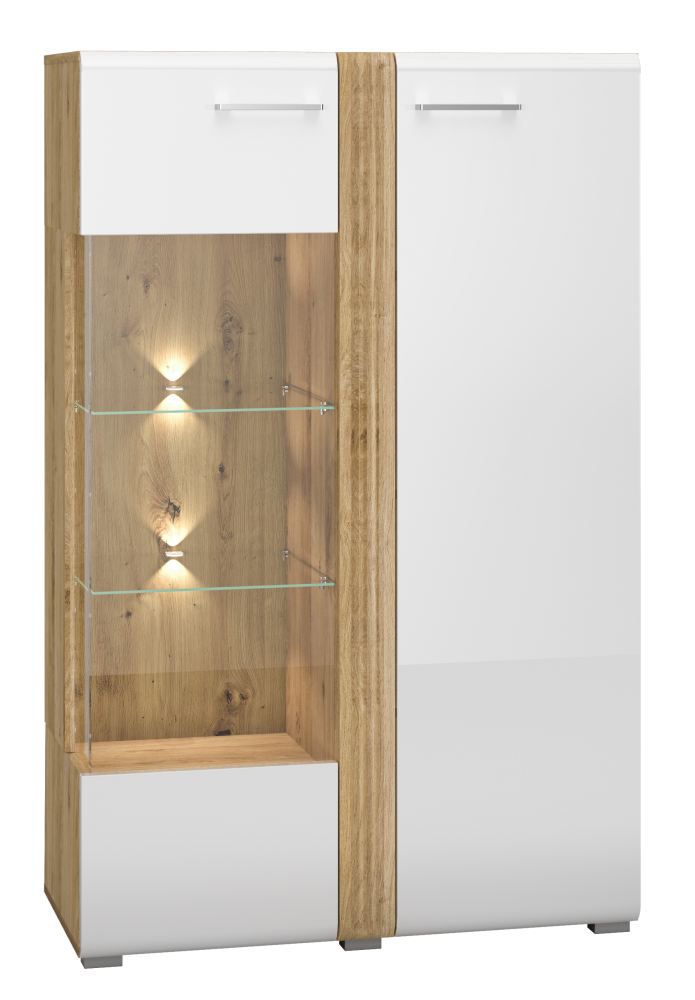 Vitrine Tullahoma 03, porte vitrée à gauche, Couleur : Chêne / Blanc brillant - dimensions : 143 x 92 x 42 cm (h x l x p), avec 1 porte et 9 compartiments