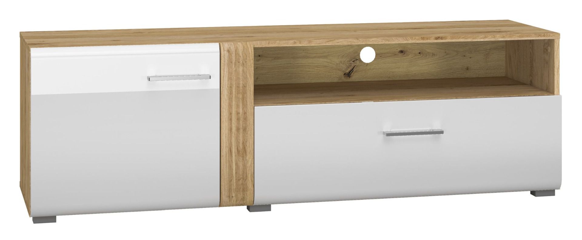 Meuble TV Tullahoma 07, Couleur : Chêne / Blanc brillant - Dimensions : 47 x 150 x 42 cm (h x l x p), avec 1 porte, 1 tiroir et 2 compartiments