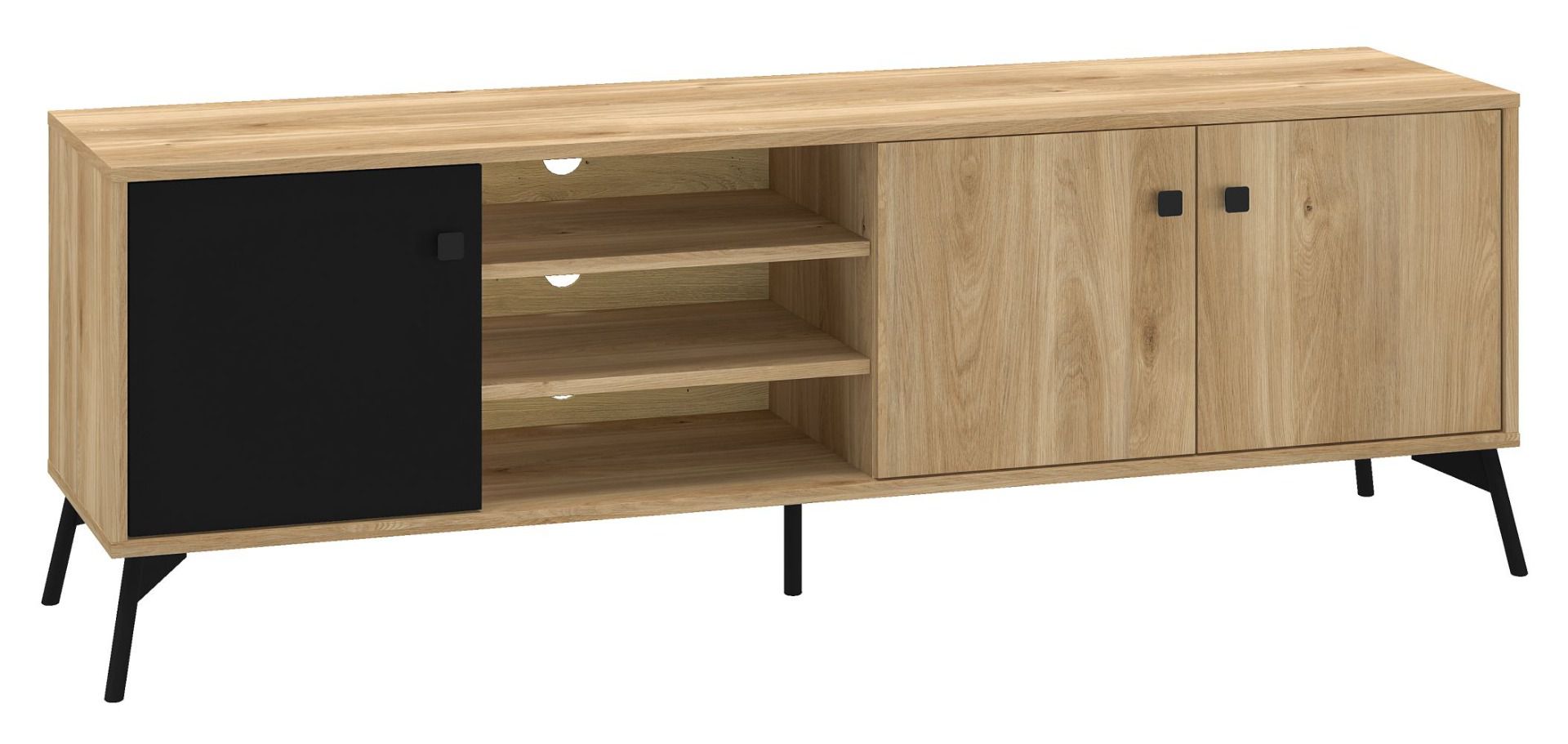 Meuble TV Lincolnia 06, Couleur : Chêne / Noir - Dimensions : 55 x 160 x 40 cm (H x L x P), avec 3 portes et 5 compartiments