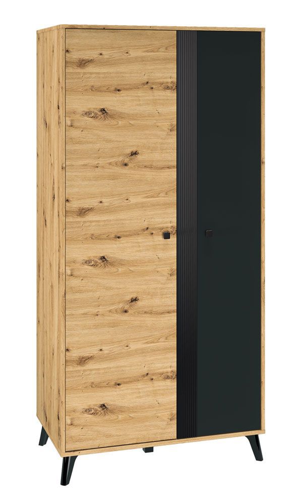 Armoire avec une tringle à vêtements Lassila 01, Couleur : Chêne Artisan / Noir - Dimensions : 191 x 92 x 54 cm (h x l x p), avec 2 portes et cinq casiers