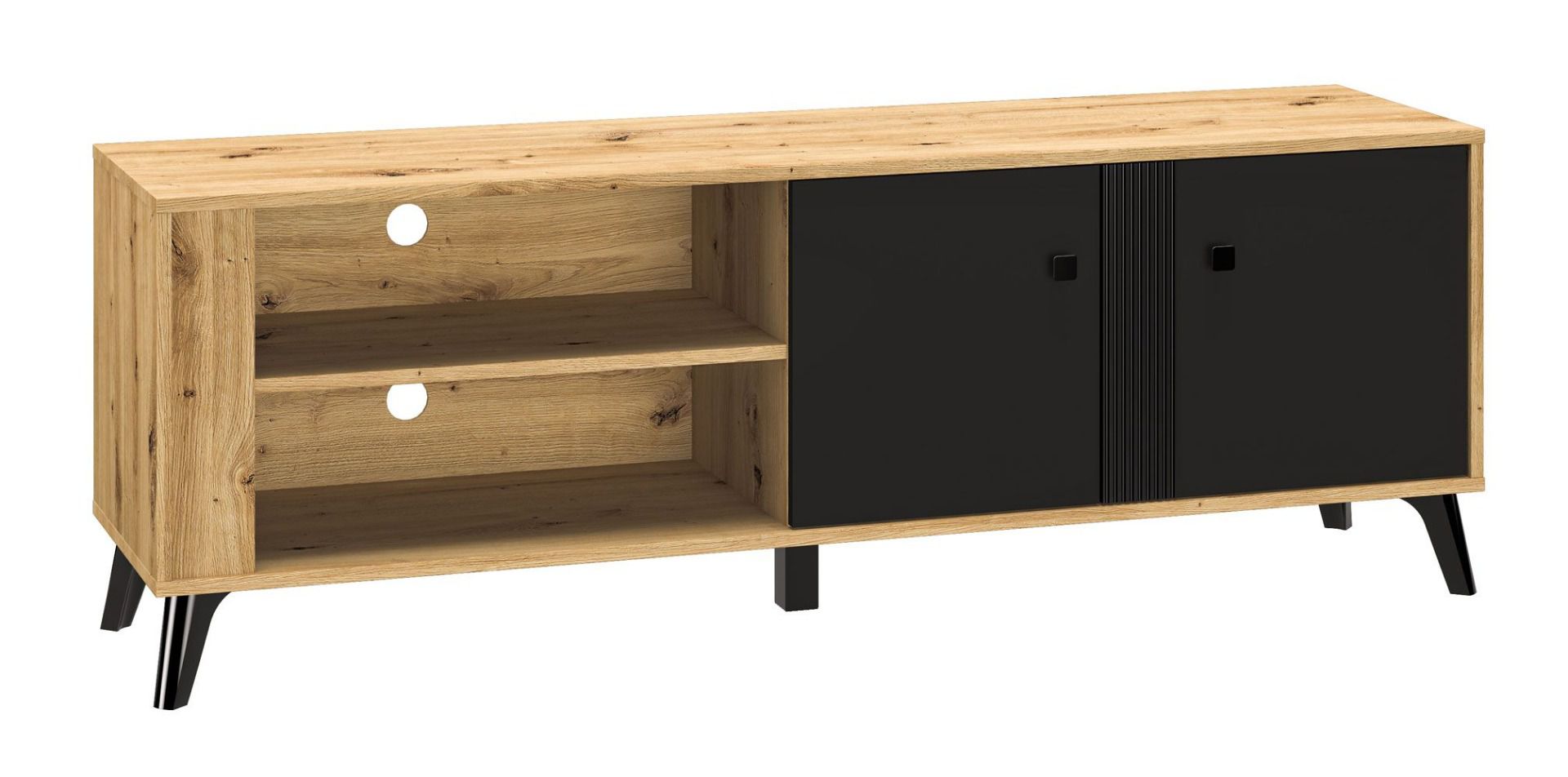 Meuble TV Lassila 06, Couleur : Chêne Artisan / Noir - Dimensions : 54 x 155 x 40 cm (H x L x P), avec deux portes et quatre compartiments