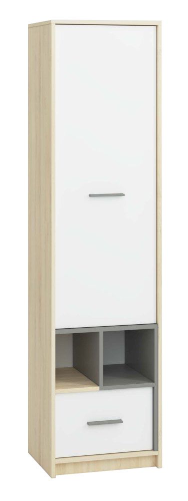 Chambre d'adolescents - armoire Jurupa 04, couleur : hêtre / blanc / gris platine - Dimensions : 189 x 49 x 41 cm (H x L x P), avec 1 porte, 1 tiroir et 6 compartiments