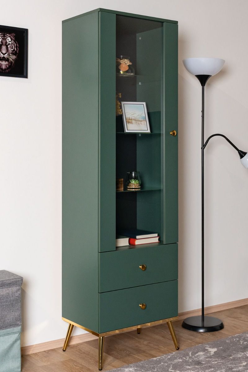 Vitrine Inari 01, Couleur : Vert forêt - dimensions : 190 x 55 x 40 cm (h x l x p), avec 1 porte, 2 tiroirs et 4 compartiments