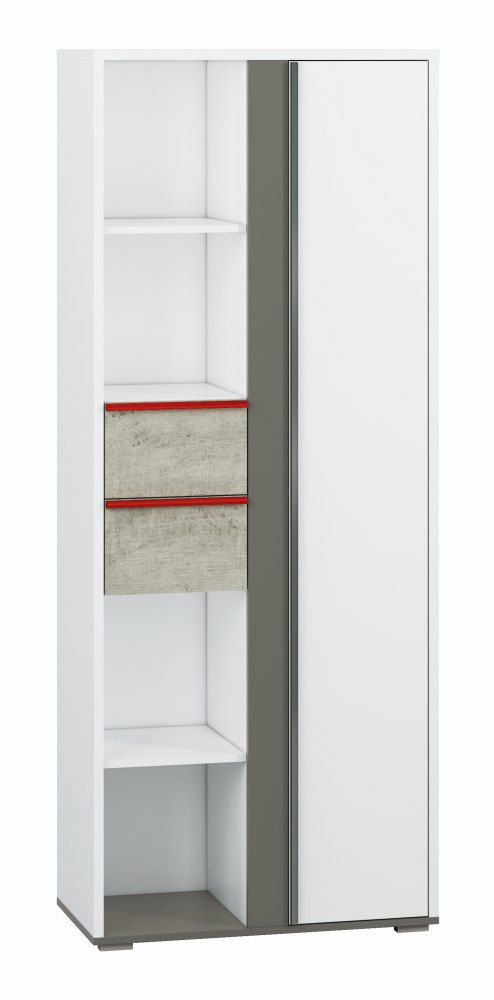 Chambre d'adolescents - Armoire Connell 05, couleur : blanc / anthracite / gris clair - Dimensions : 200 x 80 x 40 cm (H x L x P), avec 1 porte, 2 tiroirs et 10 compartiments