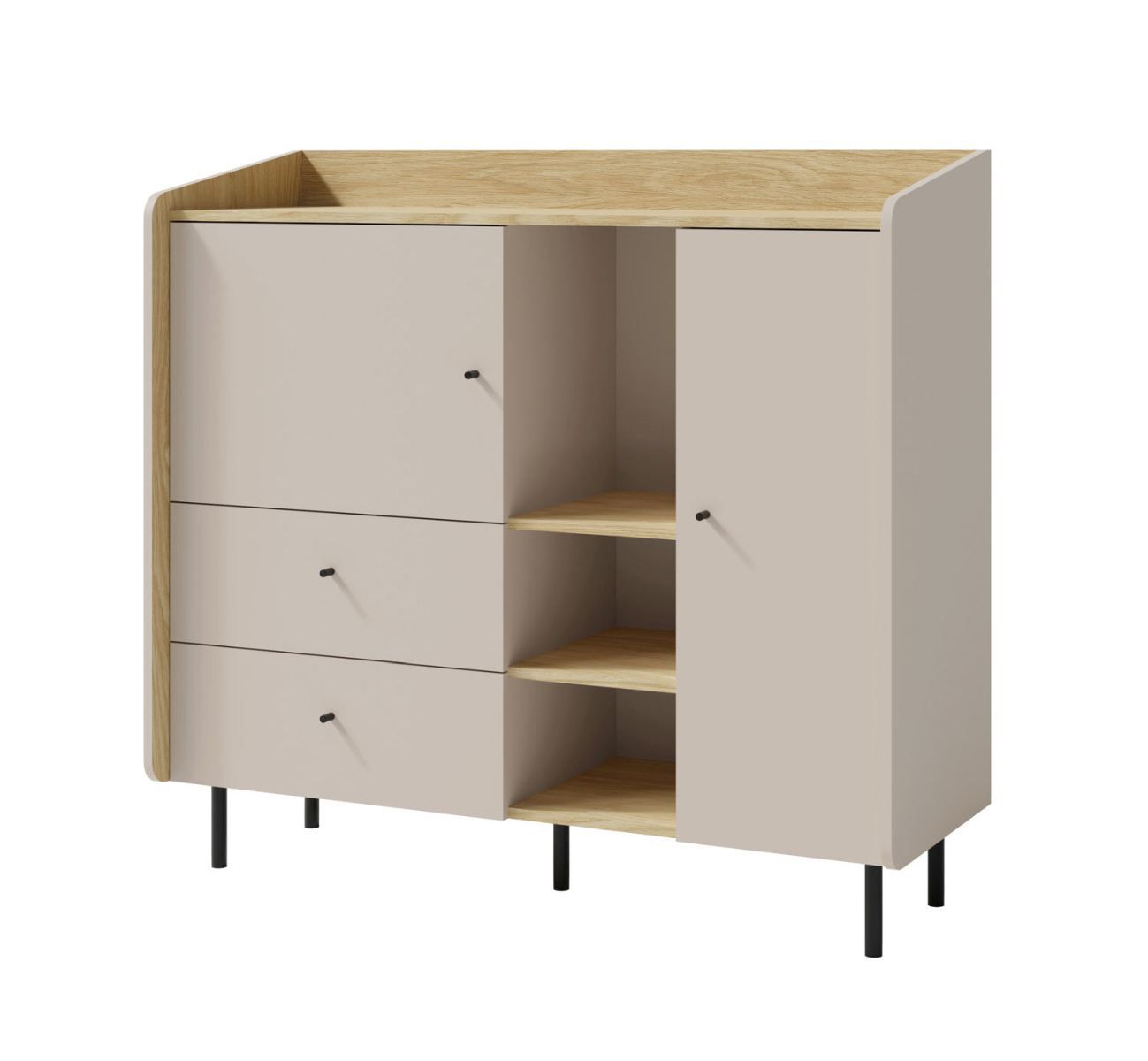 Commode moderne Sampont 08, beige / chêne clair, 115 x 125 x 42 cm, avec 8 compartiments et 2 tiroirs, chants ABS, montage simple et rapide