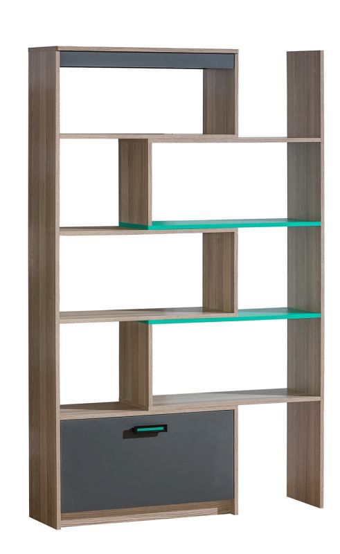 Chambre d'adolescents - Étagère Marcel 14, couleur : frêne turquoise / gris / marron - Dimensions : 187 x 80 - 135 x 31 cm (h x l x p)