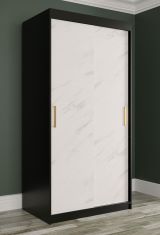 Armoire au design moderne Ätna 26, Couleur : Noir mat / Marbre blanc - Dimensions : 200 x 100 x 62 cm (h x l x p), avec cinq casiers et deux tringles à vêtements