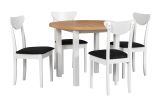 Salle à manger complète - Ensemble N, 5 - pièces, table ronde en bois extensible, 4 chaises en bois avec rembourrage, Couleur du bois : Blanc/Chêne, Couleur tissu : Noir