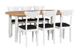 Salle à manger - Ensemble O, 7 pièces, table en bois extensible en blanc/chêne, 6 chaises en bois blanc avec rembourrage confortable en noir, bois robuste