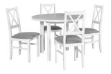 Salle à manger - Ensemble V, 5 - pièces, design simple, table ronde en blanc, 4 chaises en bois blanc avec rembourrage gris, plateau de table laminé