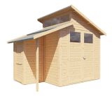 Abri de jardin / Cabane de jardin avec annexe Puchheim 02 avec plancher et carton bitumé, naturel - en éléments de 19 mm, Surface au sol : 5,86 m², Toit à double pente