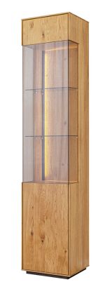 Vitrine Sienne 02 ouverture de porte à droite, 205 x 43 x 37 cm, éclairage LED inclus, bois brossé, en chêne sauvage huilé, verre teinté, 1 porte, 5 étagères