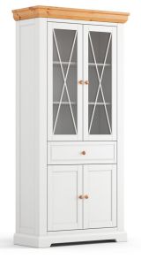 Vitrine Bresle 02, Pin massif, Couleur : Blanc / Naturel - Dimensions : 200 x 95 x 41 cm (H x L x P)