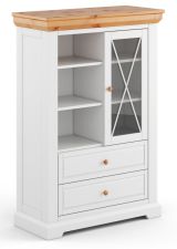 Vitrine Bresle 03, Pin massif, Couleur : Blanc / Naturel - Dimensions : 140 x 95 x 41 cm (H x L x P)