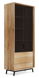 Vitrine Salleron 08, Chêne sauvage massif huilé, Couleur : Naturel / Noir - Dimensions : 185 x 100 x 45 cm (H x L x P)