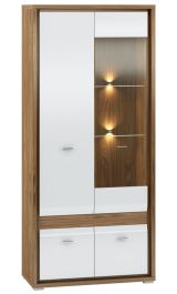 Vitrine Tempe 08, couleur : couleur noix / blanc brillant, insert frontal : couleur noix - Dimensions : 203 x 92 x 41 cm (h x l x p), avec 4 portes et 9 compartiments