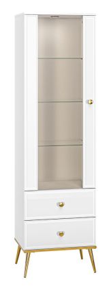 Vitrine Roanoke 02, Couleur : Blanc / Blanc brillant - Dimensions : 190 x 55 x 40 cm (h x l x p), avec 1 porte, 2 tiroirs et 4 compartiments