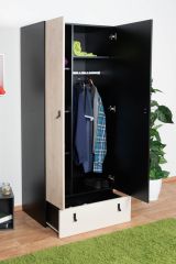 Chambre d'adolescents - armoire à portes battantes / armoire Aalst 03, couleur : chêne / crème / noir - Dimensions : 190 x 80 x 50 cm (h x l x p)