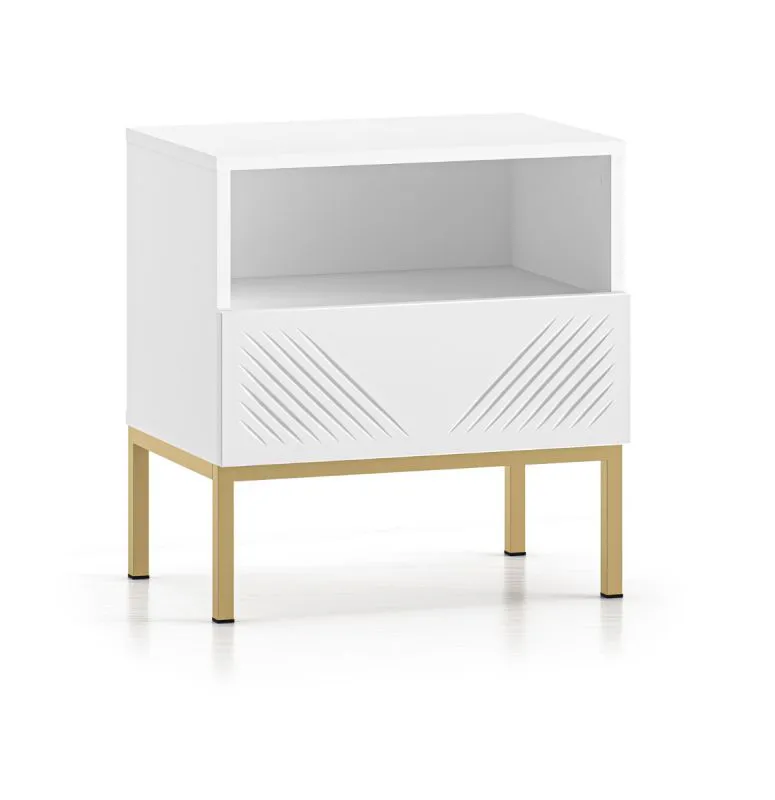 Table de chevet sobre avec un tiroir Taos 20, Couleur : Blanc mat, Système Soft-Close, Dimensions : 53 x 50 x 34 cm, Pieds : Or, avec un compartiment, Fonction Push-to-open